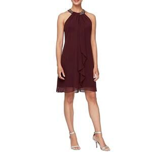 NWT SLNY Beaded Braid Sleeveless Halter Neck Chiffon Ruffle Front Dress Size 8p